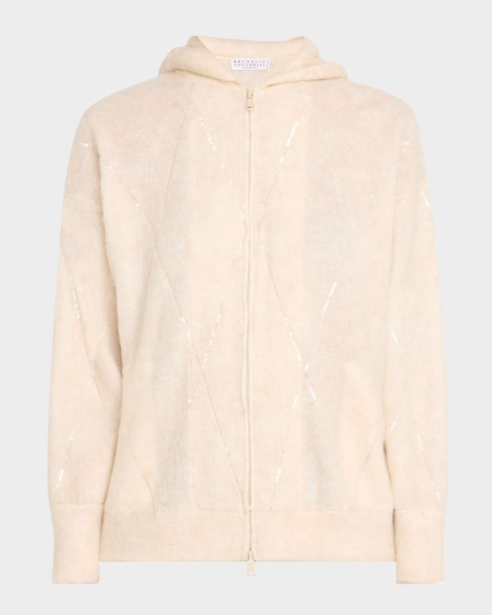 Paillette Argyle Mohair Knit Zip Hoodi